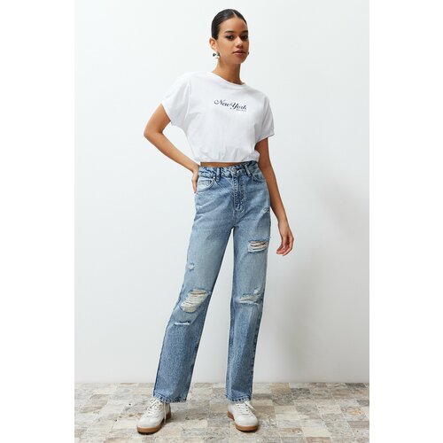 Trendyol Blue More Sustainable Ripped High Waist Straight Jeans Cene