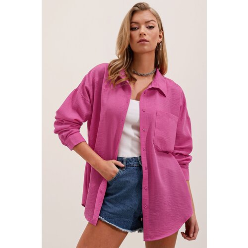 Bigdart 20153 Single Pocket Oversize Linen Shirt - A.Fuchsia Slike