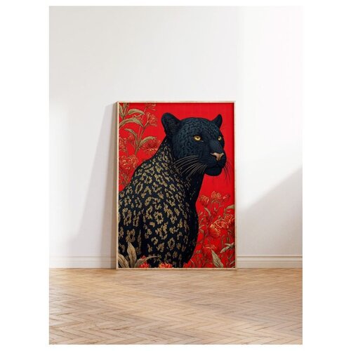 Wallxpert uramljena slika 115269, crni panter sa cvetnim motivima na crvenoj pozadini, 50 x 70 cm, ram u boji prirodnog drveta Slike