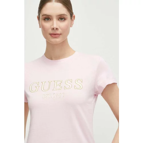 Guess Bombažna kratka majica ženski, roza barva