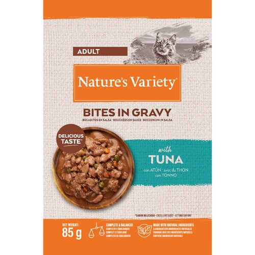 Nature’s Variety Nature's Variety Bites in Gravy Cat Adult tuna v omaki, vrečka - 85 g 85 g Cene