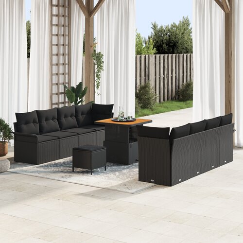 VidaXL set vrtnih sofa od 11 dijelova s jastučićima Crni Poli Ratan Akacija, dvosjed vrtna sofa s jastučićima Crni Poli Ratan, set vrtne blagovaonice od 3 dijela s jastučićima Crni Poli Ratan Akacija Slike