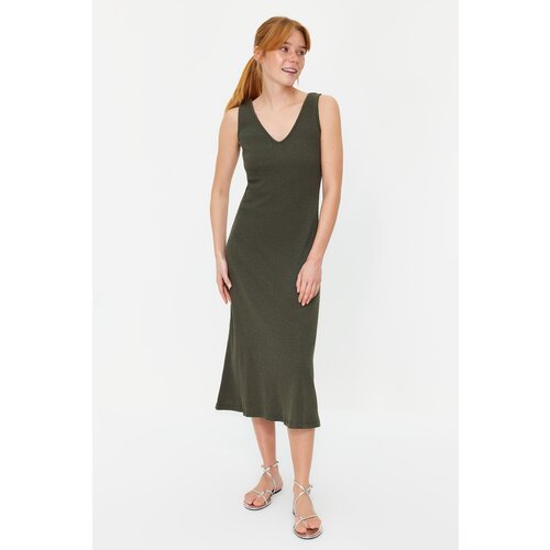 Trendyol Khaki Ribbed A-line Midi Knitted Dress Slike