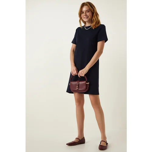  Women's Navy Blue Crew Neck Knitted Dress