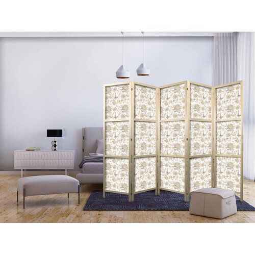  Japanski paravan - Beige Shades of Nature - Flowers and Butterflies on a White Background - Illustration Cene