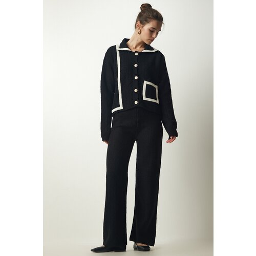Happiness İstanbul Women's Black Stripe Detailed Knitwear Jacket Pants Suit Slike