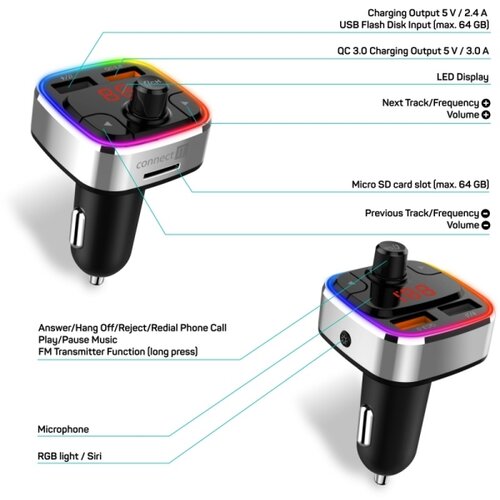Connect IT CCC-9090-SL- led rgb fm predajnik za auto sa funkcijom handsfree, crna/srebrna Slike