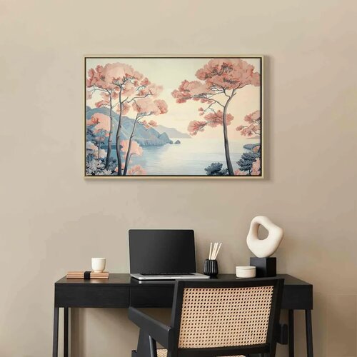  Slika - Landscape with the Ocean Cliffs and Trees in Delicate Pink Shades 120x80 U prirodnom drvenom okviru Slike