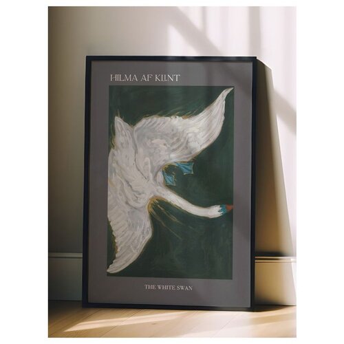 Wallxpert uramljena slika 115232, The White Swan Hilme af Klint, beli labud na tamnoj pozadini, 50 x 70 cm, crni ram Slike