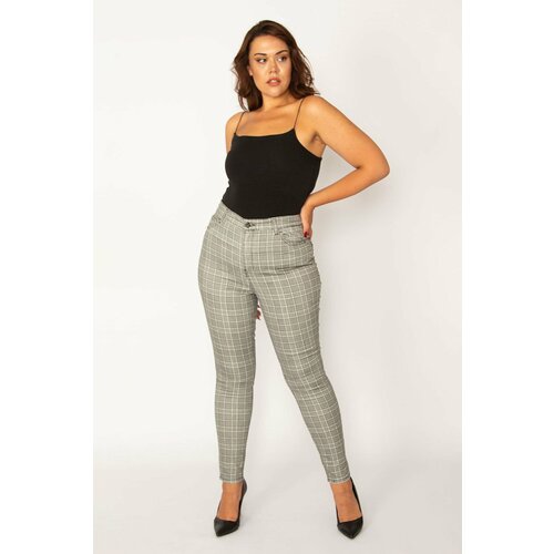 Şans Women's Plus Size Gray Checkered 5-Pocket Trousers Slike