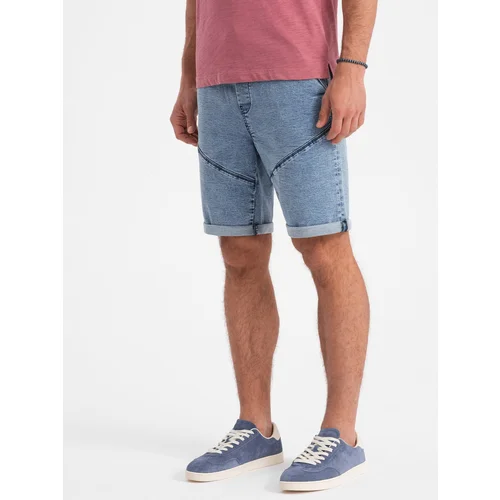 Ombre Turn-up denim men's short shorts with stitching - light blue