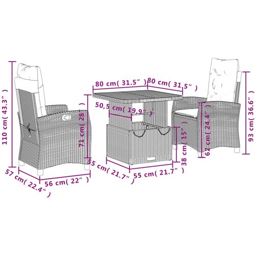  3-dijelni vrtni blagovaonski set s jastucima od poliratana crni Crna 80 cm table length Slike
