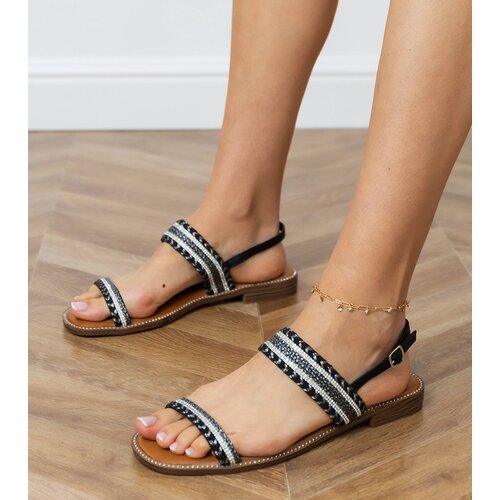 Gemre Black flat sandals with braid and rhinestones Sevina Cene