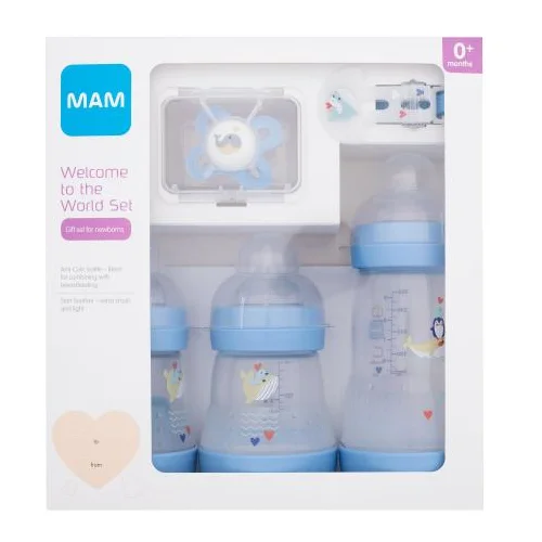 Mam Welcome To The World Set 0m+ Blue Set otroška steklenička Anti-Colic 160 ml 2 kos + otroška steklenička Anti-Colic 260 ml 1 kos + duda Start 1 kos + verižica za dudo 1 kos