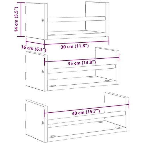  Set zidnih polica 3 pcs Crni hrast 40x16x14cm Konstruirano drvo Slike