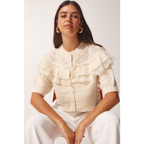 Women's Cream Lace Detailed Frilly Knitwear Cardigan Slike