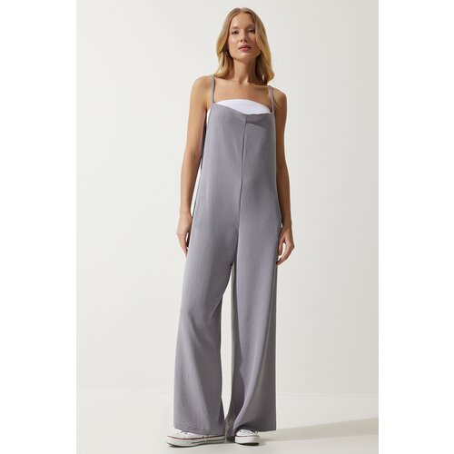 Women's Gray Strap Loose Knitted Overalls Jumpsuit Slike