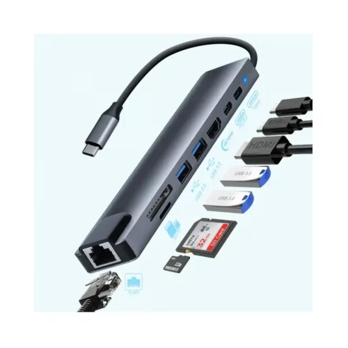 Zeus Adapter-konverter USB Tip C 11/1 1xUSB3.0/3xUSB2.0/HDMI/TF/SD/Audio/RJ45/VGA/Tip C PD Cene