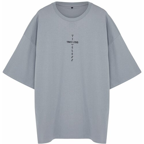 Trendyol Men's Plus Size Gray Oversize Comfort Printed 100% Cotton T-Shirt Cene