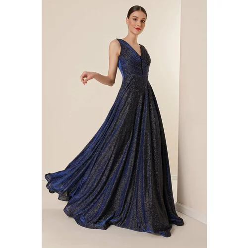 By Saygı Thick Straps Lined Mini Checkered Long Dress, Wide Body Interchange, Glittery Saks