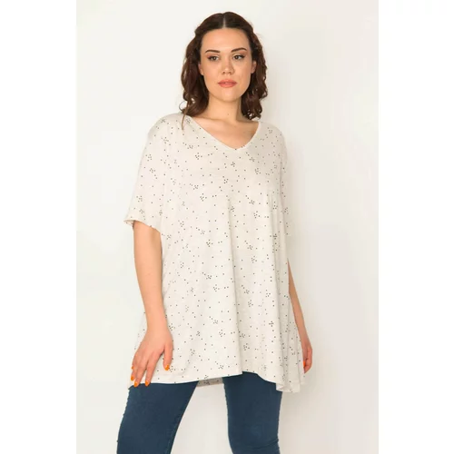 Şans Women's Plus Size Mink Cotton Fabric V-Neck Patterned Tunic