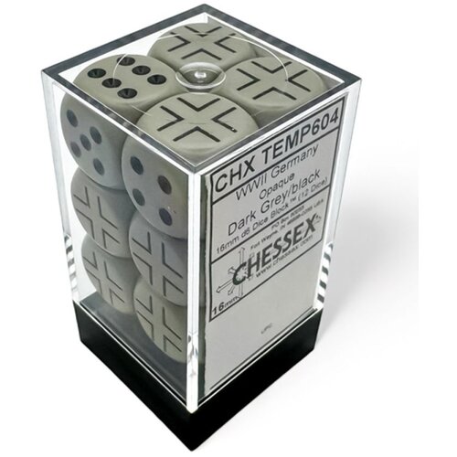 Chessex kockice - opaque - germany war dice - dark grey-black - dice block 16mm (12) Cene