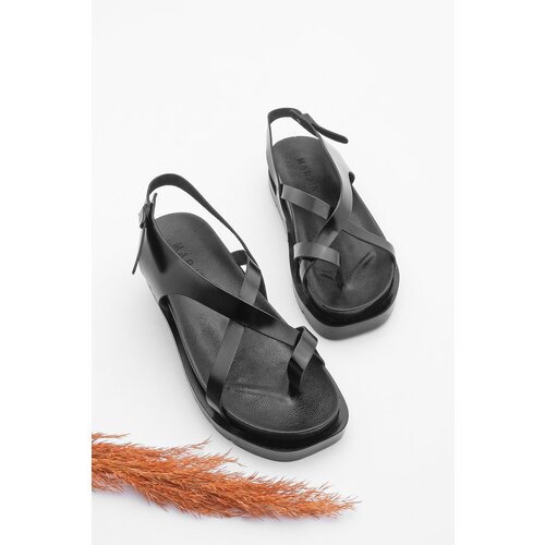 Marjin Women's Genuine Leather Thick Sole Flip Flops Daily Sandals Sufes Black Cene