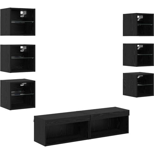 VidaXL TV omarica z LED lučmi s predalom 8 pcs Črna Orehovina Steklo, (5000112966) Slike
