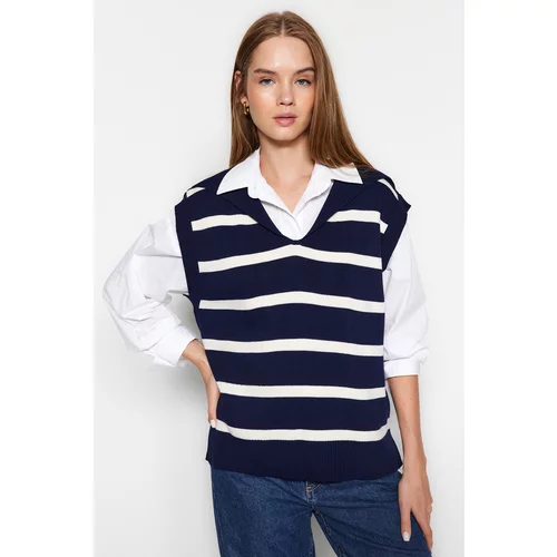 Trendyol Navy Blue Striped Turndown Collar Knitwear Sweater