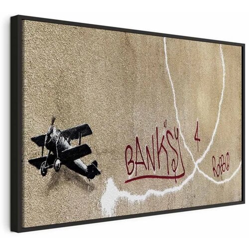 Slika - Banksy\'s Plane (1-part) - Red Graffiti Text on Mural Background 60x40 U crnom drvenom okviru Cijene