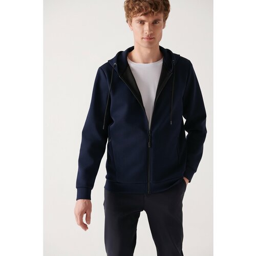 Avva Men's Navy Blue Unisex Sweatshirt Hooded Flexible Soft Texture Interlock Fabric Zippered Standard Fit Slike