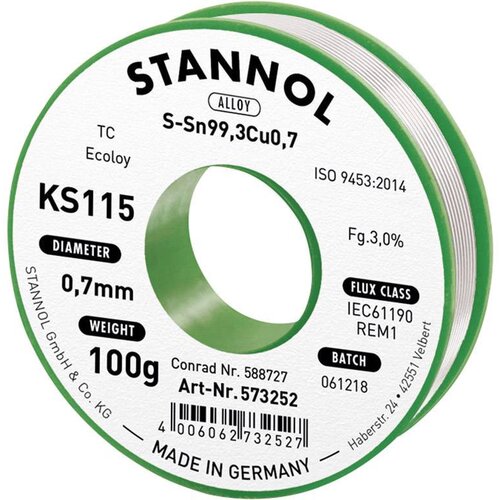Stannol KS115 spajkalna žica\, neosvinčena tuljava Sn99\,3Cu0\,7 100 g 0.7 mm Neosvinčena žica za spajkanje KS115 SN99Cu1 100 g 0.7 mm, (20428444) Cene