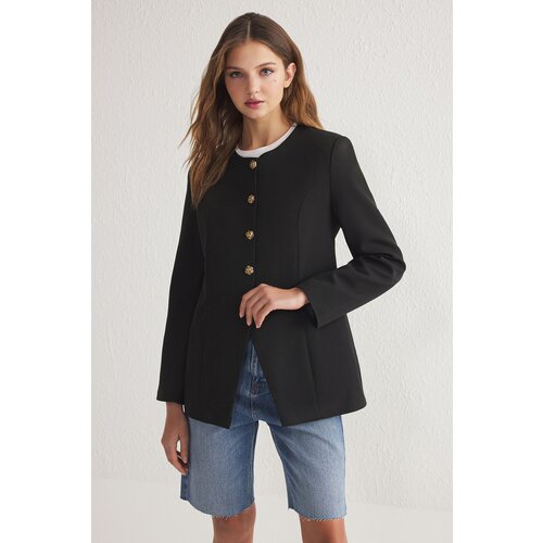 Trendyol Black Padded Crew Neck Woven Tweed Blazer Jacket Slike
