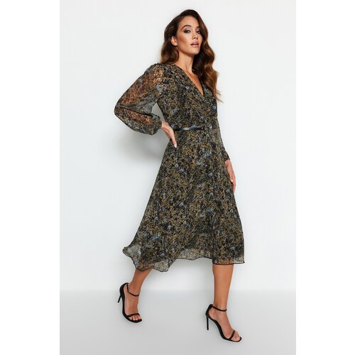Trendyol Belt A-Line, Double Breasted Collar Patterned Lined Chiffon Woven Dress Slike
