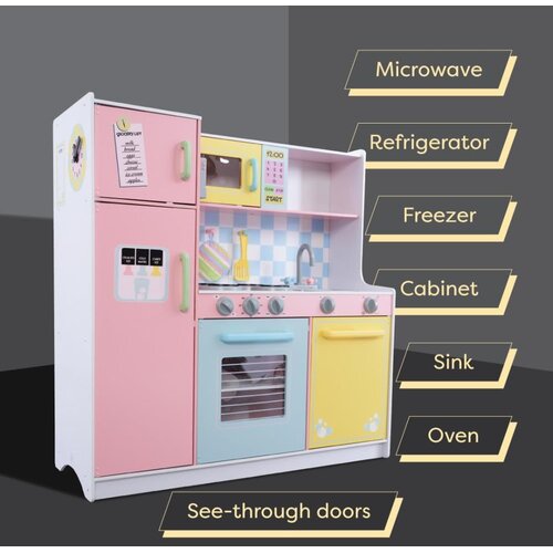 Kinder Home Dječja kuhinja GINGER HOME, drvena igračka za igre uloga s &scaron;arenim dizajnom, dimenzije 90x30x90 cm Cijene