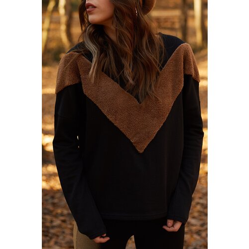 XHAN Women&amp;#039;s Black Faux Fur Block Sweatshirt Slike