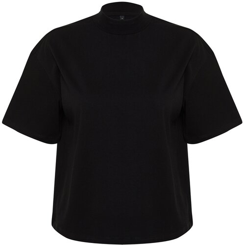 Trendyol Black 100% Cotton High Neck Three Quarter Sleeve Knitted T-Shirt Cene