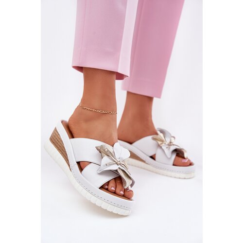 ARTIKER Leather Women's Wedge Sandals With Decorative Flower 52C0537 White Cene