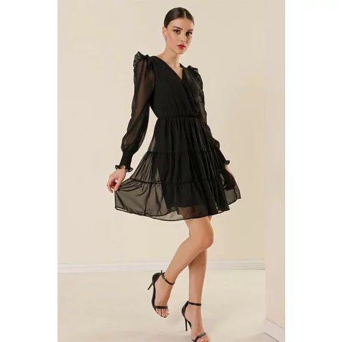 By Saygı Double Breasted Neck Lined Chiffon Dress Black