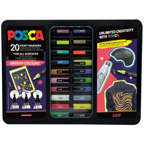 POSCA Uni gift set u metalnoj kutiji 20kom (mix pc-1m/ pc-3m/pc-5m) groovy colours 74015 Slike
