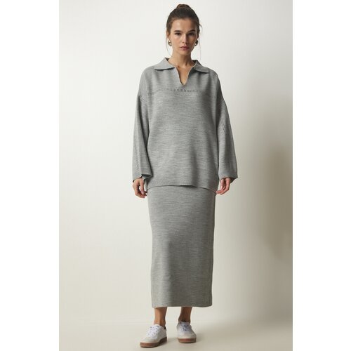  Women&amp;#039;s Gray Polo Neck Stylish Knitwear Sweater Skirt Suit Slike