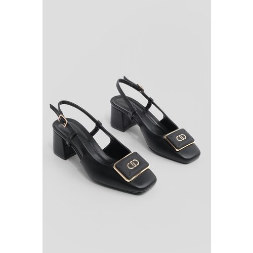 Marjin Women's Buckled Open Back Scarf Flat Toe Classic Heeled Shoes Black Slike