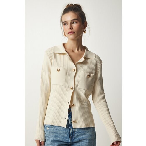 Happiness İstanbul Women's Cream Knitwear Cardigan with Metal Buttons Slike