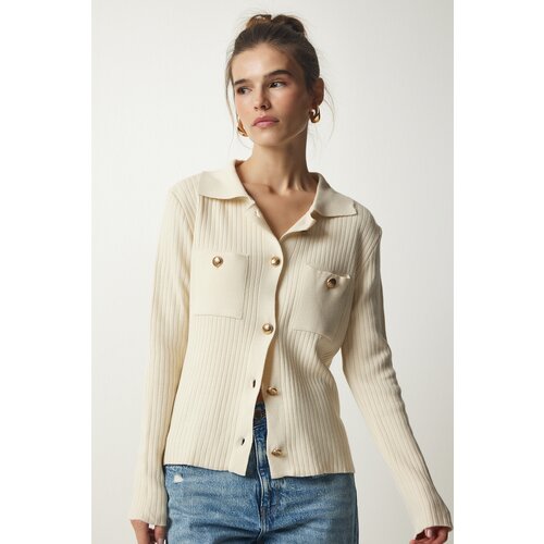  Women's Cream Knitwear Cardigan with Metal Buttons Cene