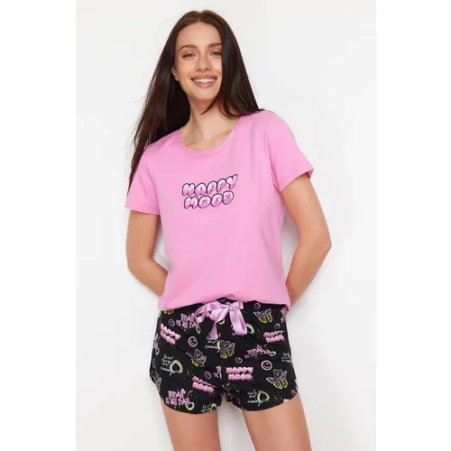 Trendyol Pink-Multicolor Slogan Printed Knitted Pajamas Set