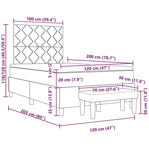 VidaXL Krevet s opružnim podom s madracem i klupicom tamno sivi 120x200 cm tkanina Slike