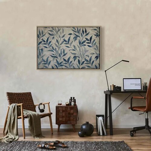  Slika - Leaves in Blue Color Delicate Botanical Motif 90x60 U prirodnom drvenom okviru Slike