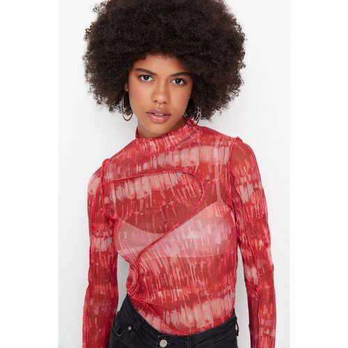 Trendyol Red Patterned Stand Up Collar Tulle Knitted Blouse Slike
