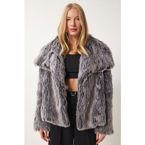 Happiness İstanbul Women's Gray Black Wide Collar Faux Fur Jacket Slike