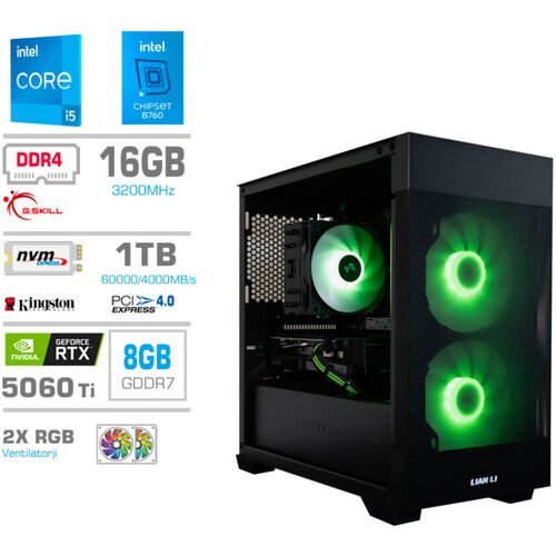 MEGA Računalnik MT S7X i5-14400/RTX5060Ti/16GB/1TB/750W/Brez OS/črna + Estetski napajalni kabli [Zelena / Črna], (5000374984) Slike